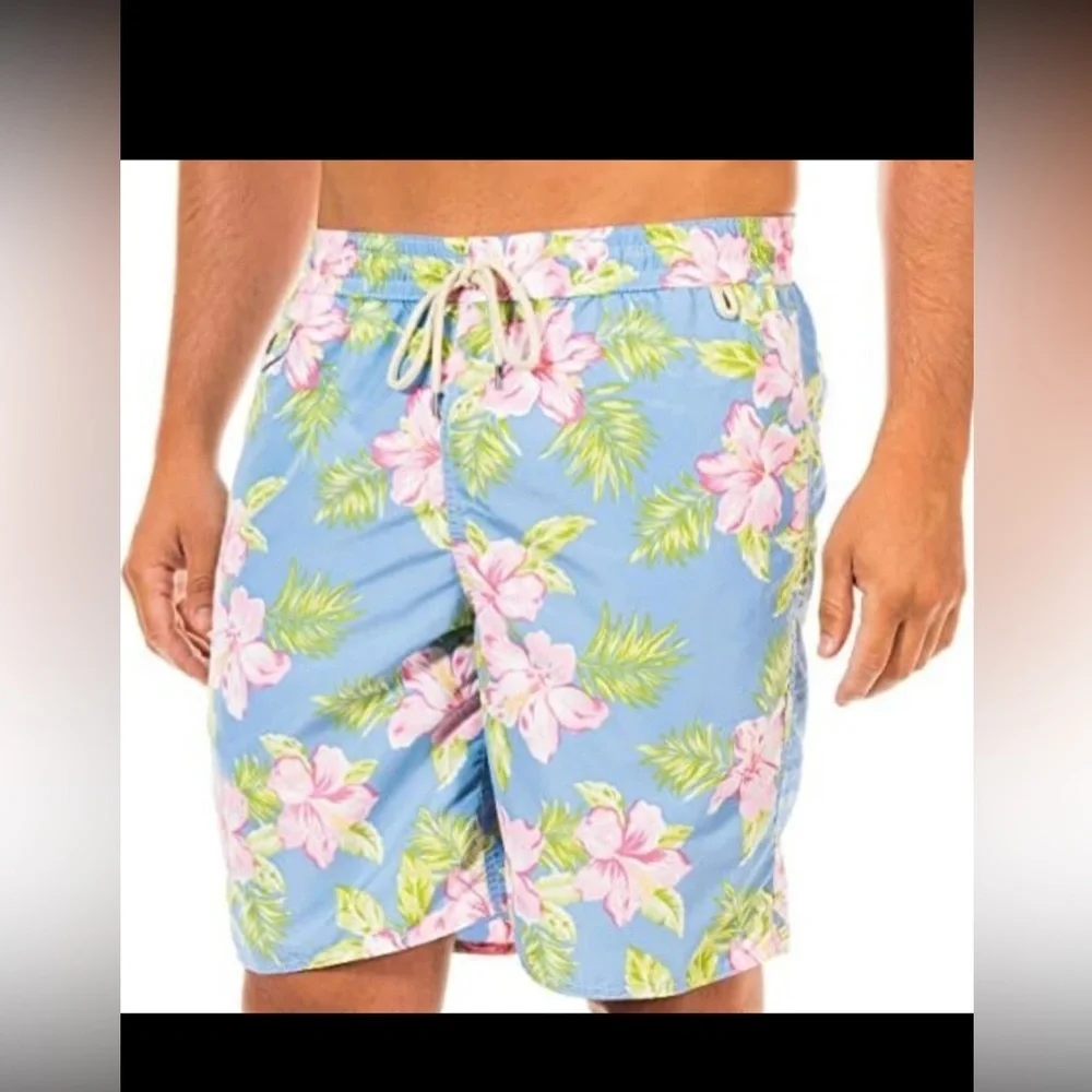 Polo Ralph Lauren Men Swim Trunks Tropical Hawaiian Floral Blue Size Medium